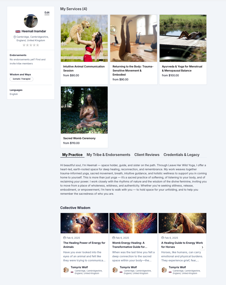 Munay Practitioner Profile page with Linked Collective Wisdom Articles