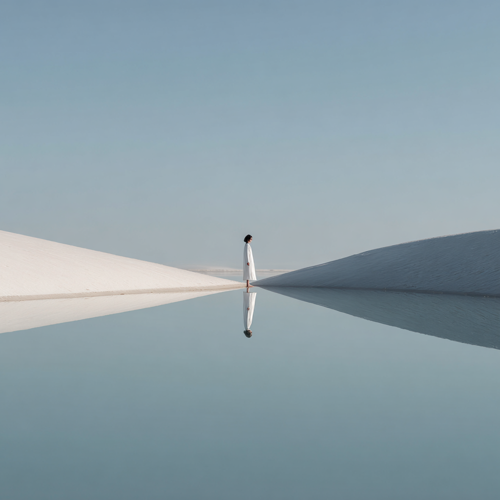 A woman in white standing at the edge of still water in a minimalist desert landscape, her reflection perfectly mirrored in the calm surface