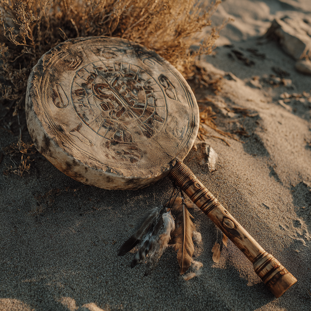 Traditional Altai shamanic drum with weathered goat hide membrane and aged ash wood frame, featuring hand-carved spiritual markings, photographed in warm natural lighting with earth-tone aesthetic and sophisticated composition