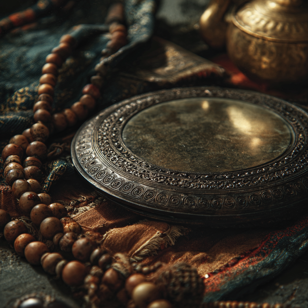 Antique Tibetan bronze mirror with traditional patterns on prayer beads and silk fabric, shot in warm natural lighting