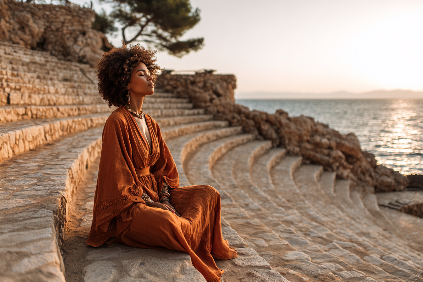 Woman practicing sound healing meditation in ancient stone amphitheater overlooking Mediterranean Sea at sunset, luxury wellness retreat setting with terracotta and sage color palette