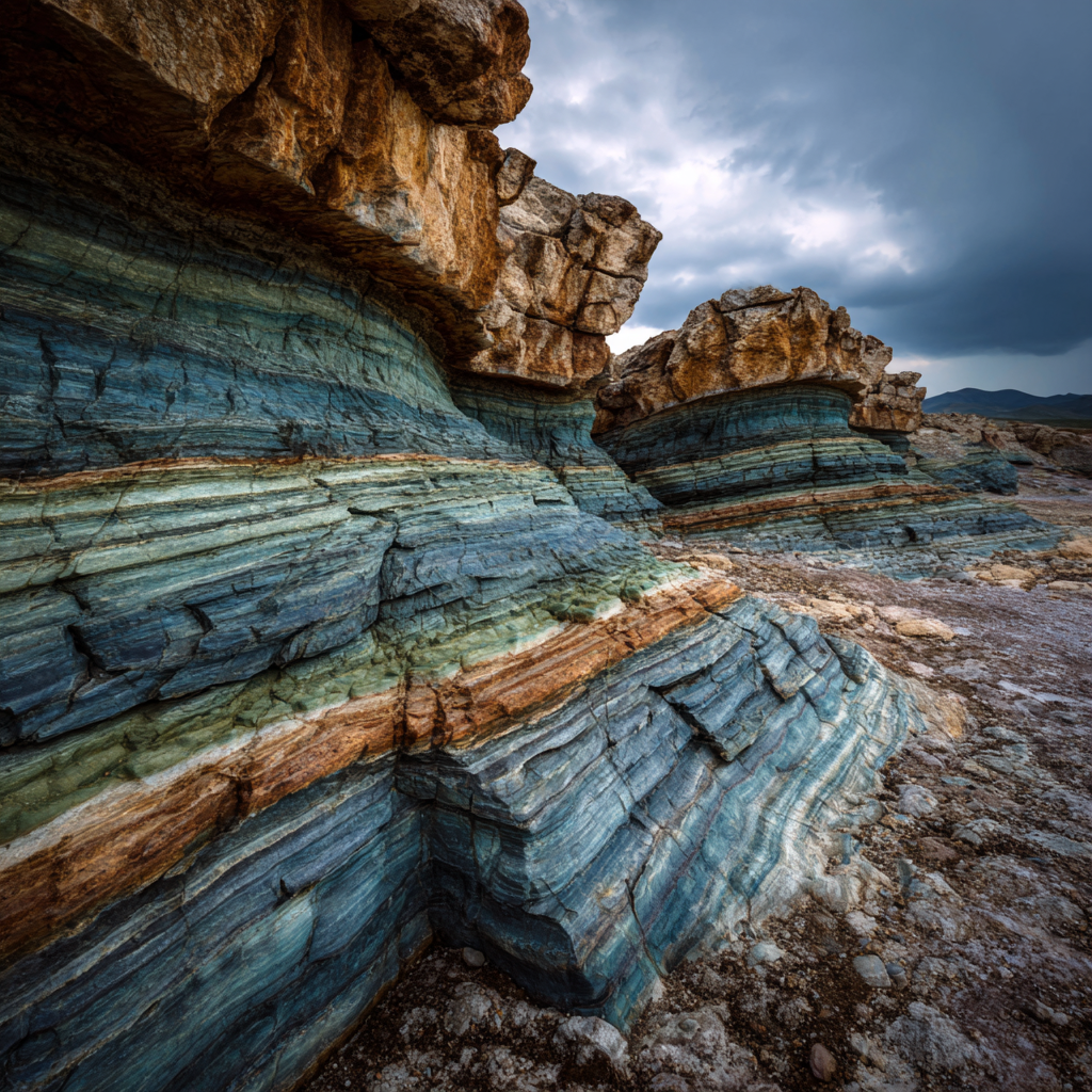 Layered geological rock formations showing stratified time periods in warm earth tones, symbolizing past life patterns and ancestral healing in narcissistic abuse recovery