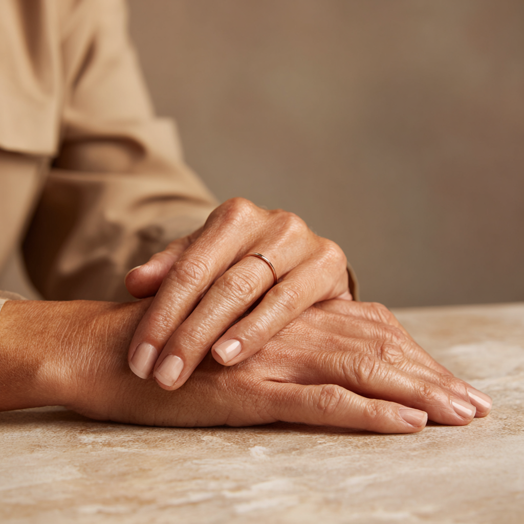 Professional hands in contemplative gesture representing strategic surrender and conscious decision making