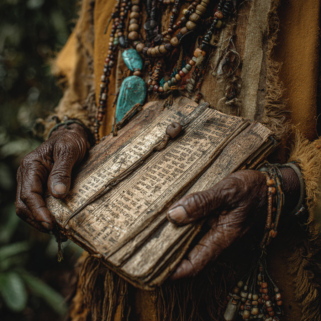 Indigenous hands holding traditional ceremonial items with laptop subtly blurred in background, showing contrast between ancient and modern approaches to knowledge of timeless wisdom with contemporary tools. Natural textures prominent. Professional photography with film-like grain and muted, sophisticated color palette.