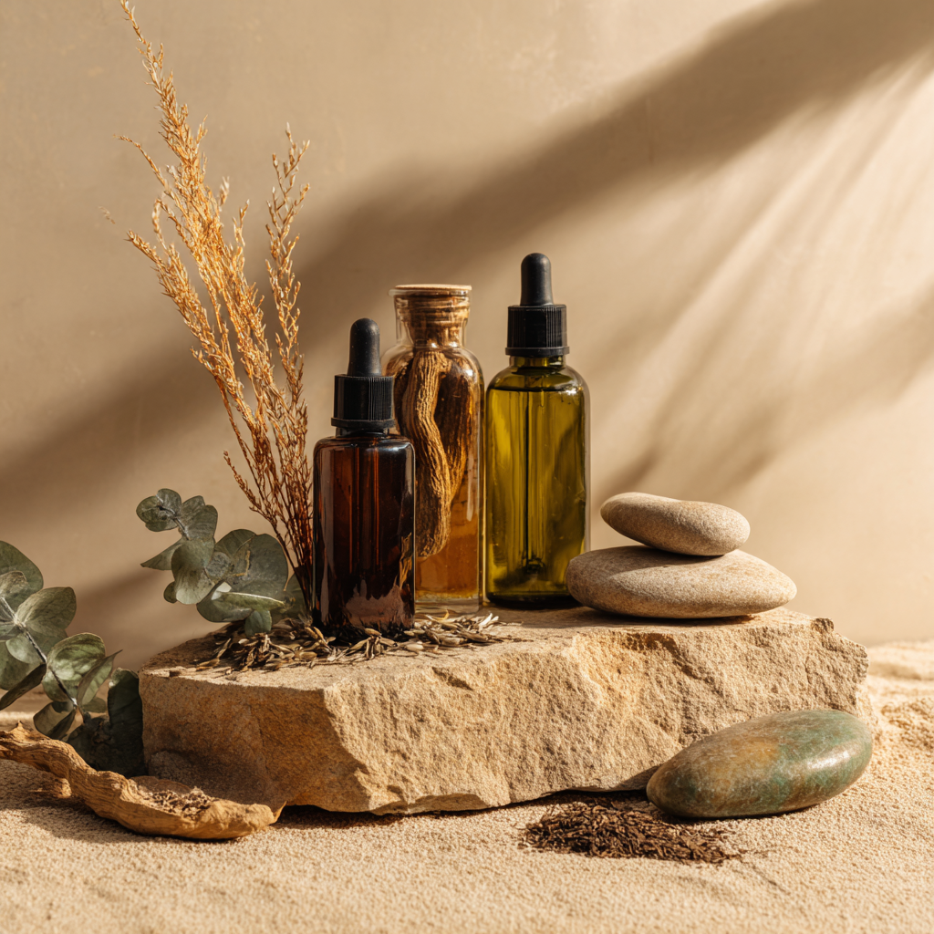 Arrangement of Ayurvedic herbs including Shatavari root and therapeutic oils on natural stone surface, representing natural hormone balancing remedies